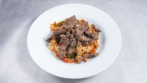 Asian Style Beef Strips, Veggies, Rice