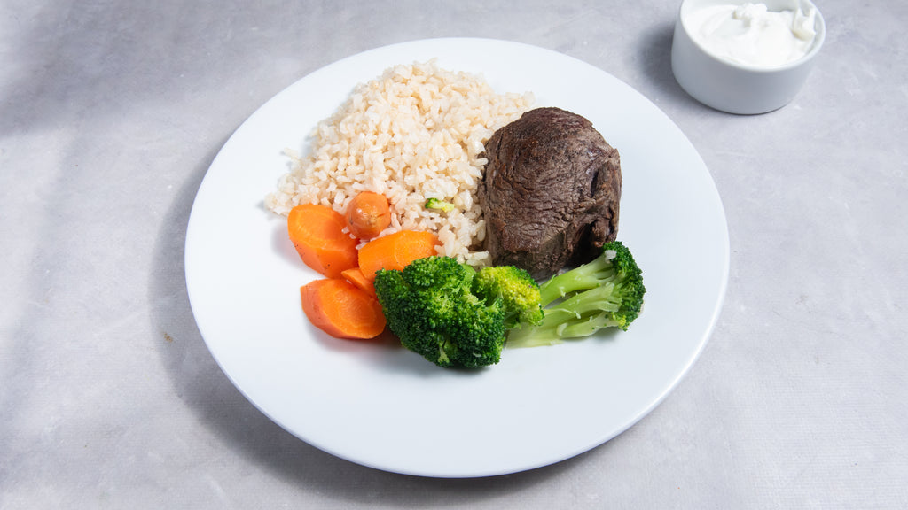 Steak, Broccoli, Rice, Yoghurt